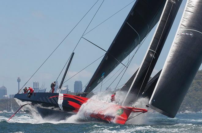 Comanche - showing the weaponry that might be on the AC75 - twin rudders, bowsprit, massive gennaker, daggerboards, canting keel. In this mode she set the record from the Sydney Hobart start to Mark 1. ©  Rolex/Daniel Forster http://www.regattanews.com